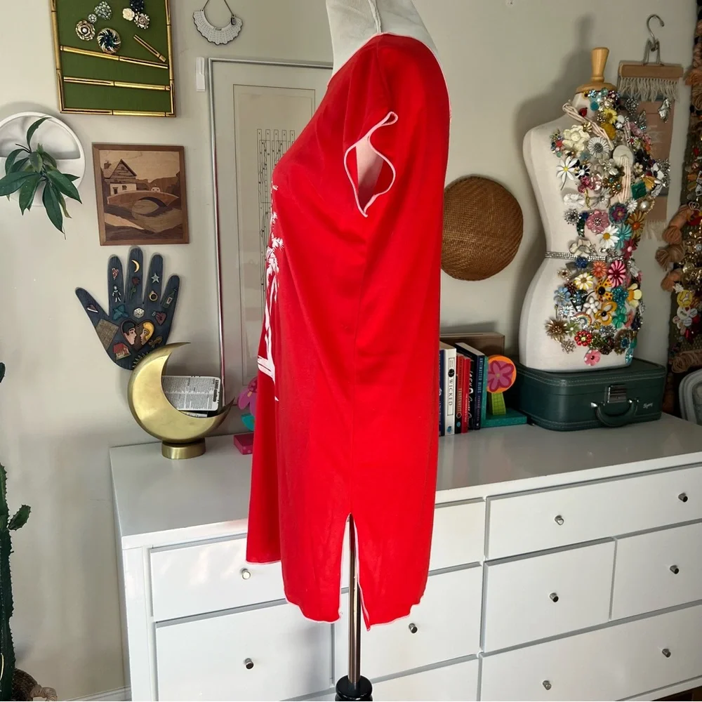 Vintage 1970s Hawaiian Flavor Palm Tree Cover Up Tunic Dress One Size Red/White